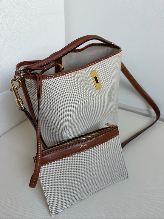 Celine Handbags - Celine Beige Canvas Bucket Bag with Brown Leather Trim and Gold Hardware